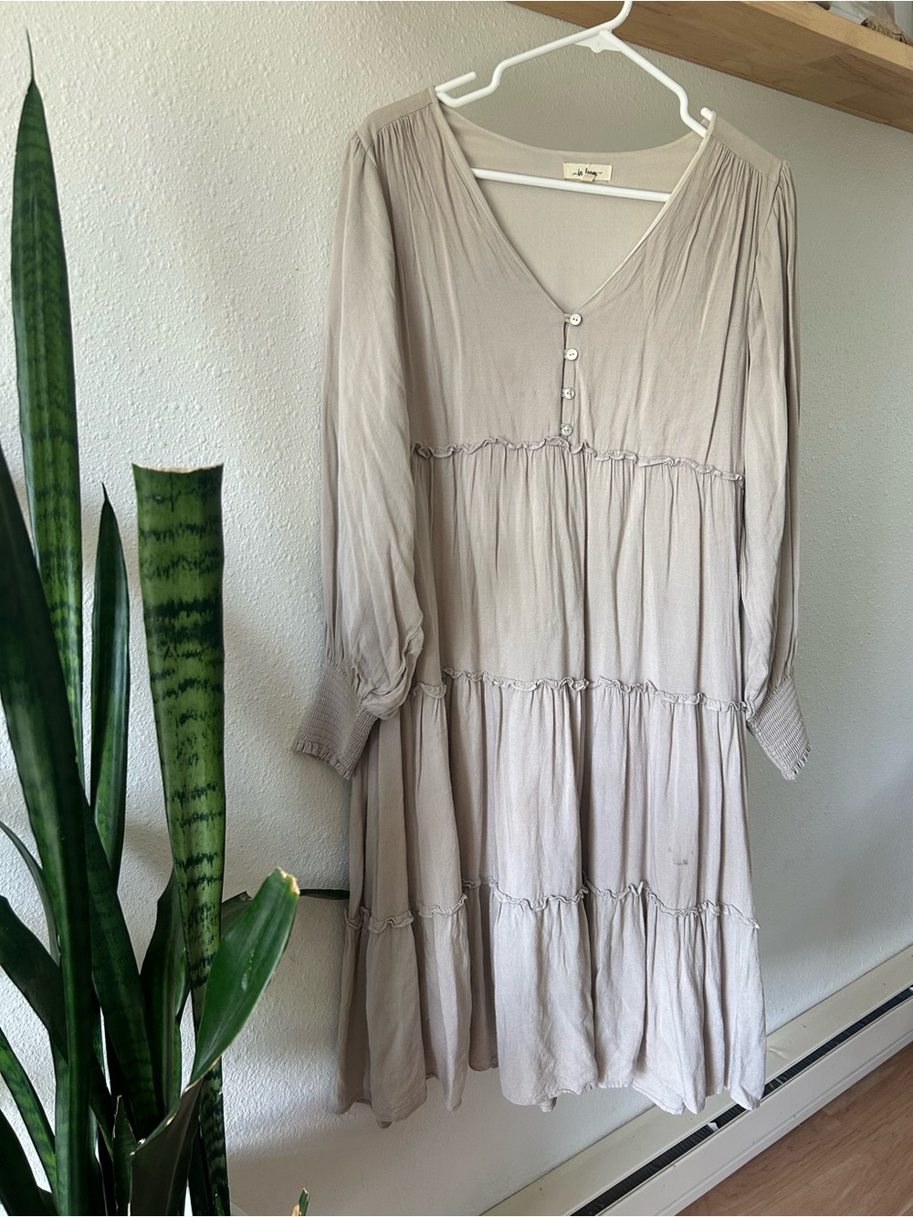 In Loom: Tiered V-Neck Long Sleeve Dress in Beige